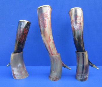 Red Engraved Wolf Drinking Horn, Brass Trim, Gold Finial Tip with Horn Stand 12 to 15 inches <font color=red> Wholesale </font> -  4 @ $24.00 each;  6 @ $21.00 each