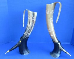 15 to 18 inches Decorative Carved Buffalo Drinking Horn with Handle and Horn Stand <font color=red> Wholesale</font>- 3 @ $32 each; 6 @ $28 each