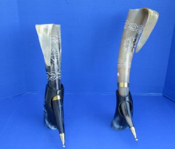 15 to 18 inches Decorative Carved Buffalo Drinking Horn with Handle and Horn Stand <font color=red> Wholesale</font>- 3 @ $32 each; 6 @ $28 each