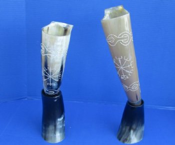 15 to 18 inches Decorative Carved Buffalo Drinking Horn with Handle and Horn Stand <font color=red> Wholesale</font>- 3 @ $32 each; 6 @ $28 each