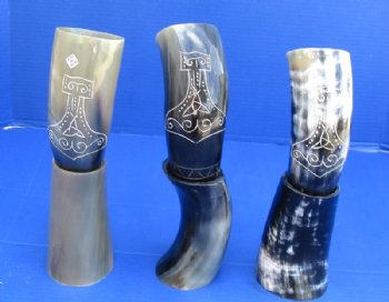 11 to 13 inches Decorative Engraved, Carved Drinking Horns with Stands <font color=red> Wholesale</font> - 8 @ $14.85 each