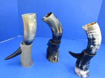 11 to 13 inches Decorative Engraved, Carved Drinking Horns with Stands <font color=red> Wholesale</font> - 8 @ $14.85 each