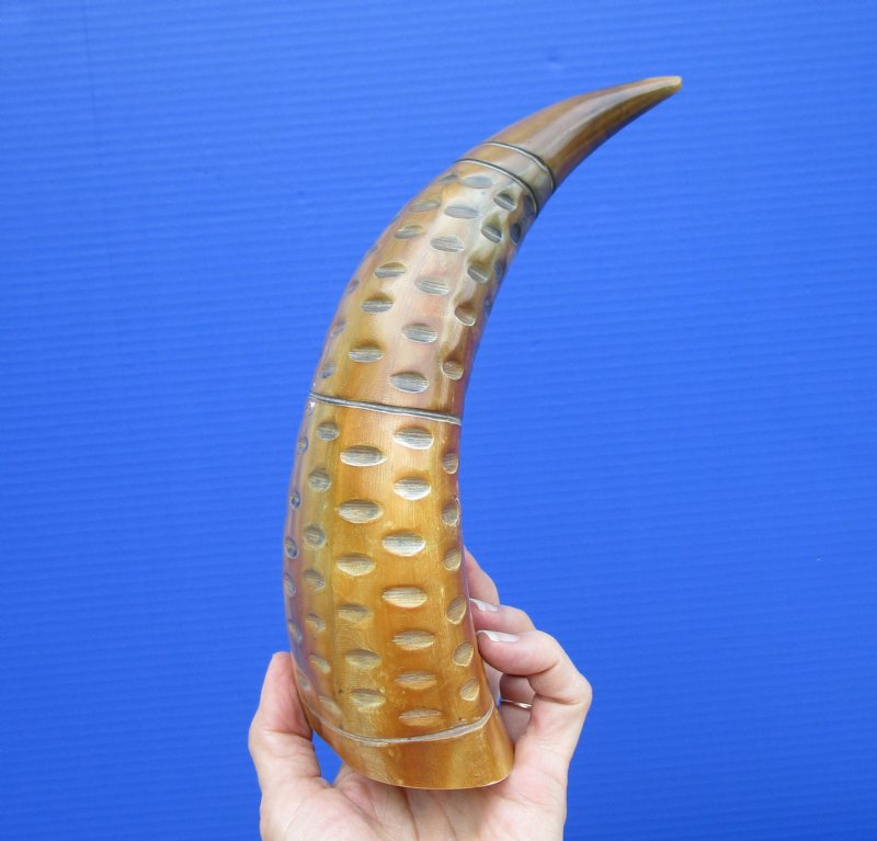 113/8 inches Brown Rustic Look Carved Buffalo Horn with Carved Decorative