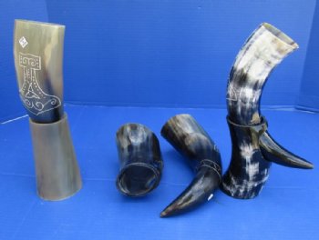 11 to 13 inches Decorative Engraved, Carved Drinking Horns with Stands <font color=red> Wholesale</font> - 8 @ $14.85 each