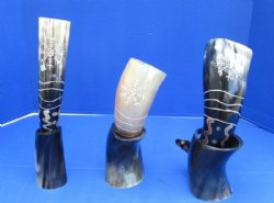 12 inches Arrow Sunburst Design Painted and Engraved Drinking Horn with Horn Stands <font color=red> Wholesale</font> 8 @ $14.85 each