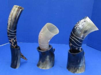 12 inches Arrow Sunburst Design Painted and Engraved Drinking Horn with Horn Stands <font color=red> Wholesale</font> 8 @ $14.85 each