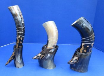 12 inches Arrow Sunburst Design Painted and Engraved Drinking Horn with Horn Stands <font color=red> Wholesale</font> 8 @ $14.85 each