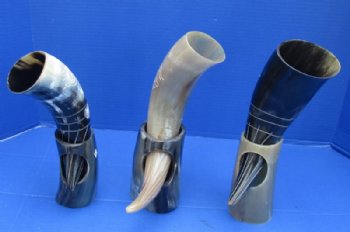 2 to 15 inches Carved Bird Drinking Horns with Horn Stands<font color=red> Wholesale</font> - 8 @ $14.85 each