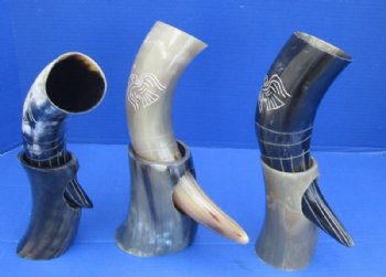 2 to 15 inches Carved Bird Drinking Horns with Horn Stands<font color=red> Wholesale</font> - 8 @ $14.85 each