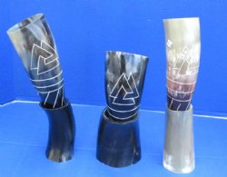 13 to 15 inche Decorative Triangles Engraved Drinking Horns with Horn Stands <font color=red> Wholesale</font> - 8 @ $14.85 each