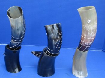 13 to 15 inche Decorative Triangles Engraved Drinking Horns with Horn Stands <font color=red> Wholesale</font> - 8 @ $14.85 each