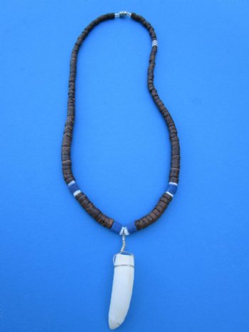 18 inches Brown Coconut, Blue, White Beads Necklace with 1-1/2 inches Real Alligator Tooth Pendant for $19.99 <font color=red> *SALE* FREE SHIPPING*</font> 