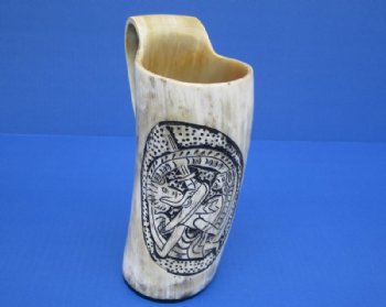 6-1/2 to 7-1/2 inches tall Carved Knight Buffalo Horn Mug for Sale <font color=red>Wholesale</font> - 4 @ $26.00 each;  6 @ $23.00 each