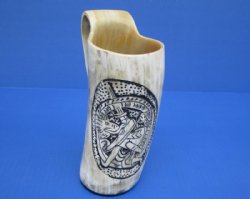 6-1/2 to 7-1/2 inches tall Carved Knight Buffalo Horn Mug for Sale <font color=red>Wholesale</font> - 4 @ $26.00 each;  6 @ $23.00 each