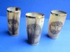 5 inches <font color=red> Wholesale</font> Carved Horn Cups, Drinking Glasses with Brass Rim and Carved Tree of Line Design - Pack of 12 @ $7.50 each; Pack of 14 @ $6.75 each
