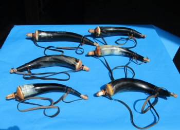 Carved Powder Horns with Leather Strap 14 to 18 inches <font color=red> Wholesale</font> - 12 @ $10.80 each