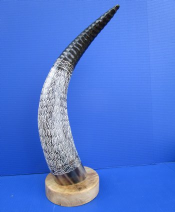 23-1/2 inches Carved Tiny Leaves Design Buffalo Horn Sculpture with Wood Base for $79.99