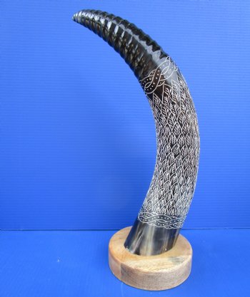 23 inches Carved Tiny Leaf Design Buffalo Horn Sculpture on Wood Base for $79.99