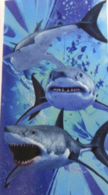 30 by 60 inches Three Sharks Velour Beach Towels with a Hanger - 6 @ $7.00 each