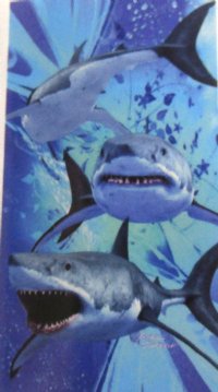 30 by 60 inches <font color=red>Wholesale</font> Three Sharks Velour Beach Towels with a Hanger - Case of 12 @ $7.50 each
