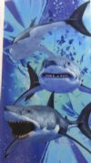 30 by 60 inches Wholesale Three Sharks Velour Beach Towels with a Hanger - Case of 12 @ $7.50 each