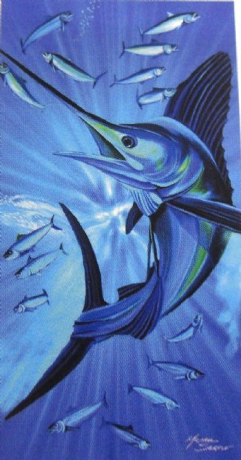 Sailfish with School of Tuna Velour Beach Towels, 30 by 60 inches, with a hanger -  6 @ $7.00 each