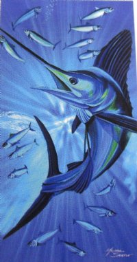 Sailfish with School of Tuna Velour Beach Towels <FONT COLOR=RED>Wholesale</FONT> 30 by 60 inches, each comes with a hanger - Case of 12 @ $7.50 each