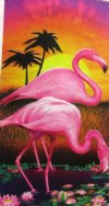 Two Pink Flamingos at Sunrise Velour Beach Towels Wholesale, 30 by 60 inches, Each Comes with a Hanger - Case of 12 @ $7.50 each