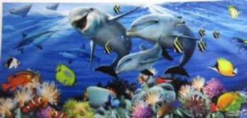 3 Dolphins on Colorful Reef Velour Beach Towels, 30 by 60 inches, With a Hanger - 6 @ $7.00 each