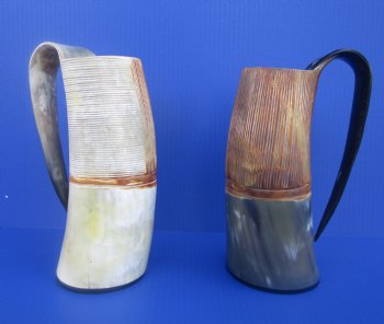 32 ounces Half Carved, Half Polished Horn Mugs <font color=red> Wholesale</font>, 9-1/2 inches - 6 @ $27 each