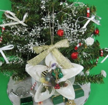 2-1/2 inches Seashell Flower Ornament with Gold Bow - 10 @ $3.90 each