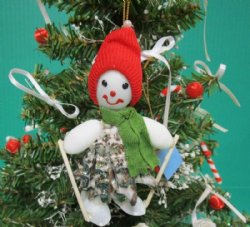 3-1/2 inches Cut Murex Shell Skiing Snowman Ornament with Red Cap and Green Scarf - 5 @ $2.55 each