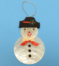 3-3/4 inches White Capiz Seashell Snowman Ornament wearing a Black Hat - <font color=red>10 @ $2.40 each</font> (Plus $8 Ground Advantage Mail)