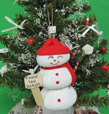 Sea Urchin Shell Snowman Ornaments <font color=red>Wholesale </font>   holding a "Feed the Birds" sign - 35 @ $2.65 each