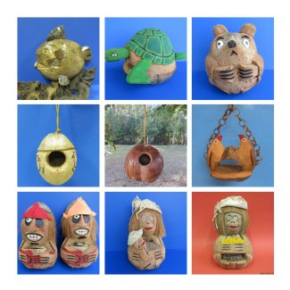 Carved Coconut Monkeys, Animals and Birdhouses
