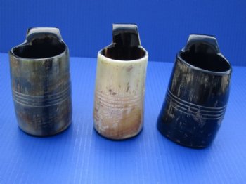 8 ounces Engraved Horn Mug with 4 ruled lines, Hand Scraped Look, 4 inches tall - $19.99 each; 2 @ $17.30 each