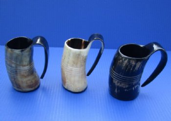 8 ounces Engraved Horn Mugs <font color=red> Wholesale</font> with 4 ruled lines, Hand Scraped Look, 4 inches tall -  12 @ $10.80 each