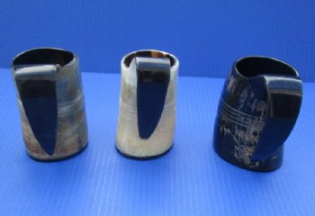 8 ounces Engraved Horn Mugs <font color=red> Wholesale</font> with 4 ruled lines, Hand Scraped Look, 4 inches tall -  12 @ $10.80 each