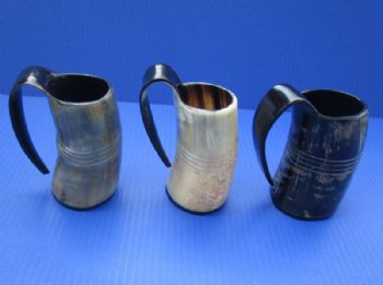 8 ounces Engraved Horn Mugs <font color=red> Wholesale</font> with 4 ruled lines, Hand Scraped Look, 4 inches tall -  12 @ $10.80 each