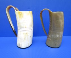 24 ounces Engraved Horn Mugs <font color=red> Wholesale</font> with 4 ruled lines and Hand Scraped Look , 7 inches tall - 8 @ $23 each