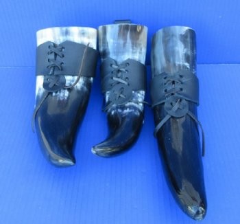  Hanging Viking Drinking Horns with Leather Horn Holsters <font color=red> Wholesale</font> 12 to 14 inches - 12 @ $10.35 each