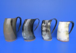 32 ounce Polished Cow Horn Beer Mugs with Wood Bases <font color=red> Wholesale</font> 7-1/2" to 8-1/2 " Tall - 8 @ $16 each