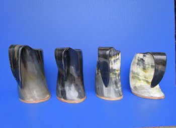 32 ounce Polished Cow Horn Beer Mugs with Wood Bases <font color=red> Wholesale</font> 7-1/2" to 8-1/2 " Tall - 8 @ $16 each