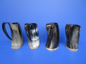 16 ounce Polished Cow Horn Beer Mugs with Wood Bases <font color=red> Wholesale</font> 7 to 7-1/2 inches tall - 12 @ $12.50 each