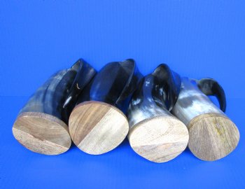 16 ounce Polished Cow Horn Beer Mugs with Wood Bases <font color=red> Wholesale</font> 7 to 7-1/2 inches tall - 12 @ $12.50 each