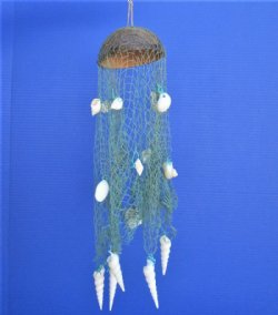 17 inches Coconut with Blue Fish Net and Assorted Shells Wind Chime <font color=red> Wholesale</font> - 30 @ $3.15 each