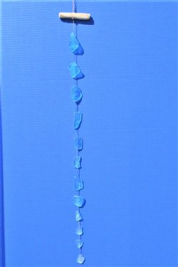 35 inches Blue Sea Glass Hanging Wall Decor on Small Wood Post - Packed 5 @ $2.75 each