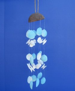 16-1/2 inches long Blue and White Clam Shell Windchime with Coconut Top <font color=red> Wholesale</font> - 48 @ $2.10 each