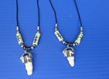 Genuine Alligator Tooth Necklace with Stamped Dark Green Gator  Beads, 20 inches - 3 @ $7.50 each