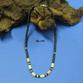 18 inches Black Coconut Beads with Tan Tube Shaped Beads Necklaces for Sale - Packed 12 @ $1.45 each
